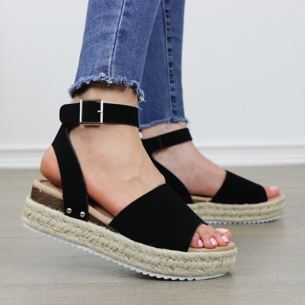 Black Espadrille Platform Comfort Sandal - Picture 2 of 8